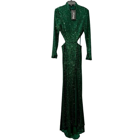 La Femme Size 10 Sequin Long Sleeve Back Cutout Gown Emerald Green *Thread Pull* - Picture 3 of 14